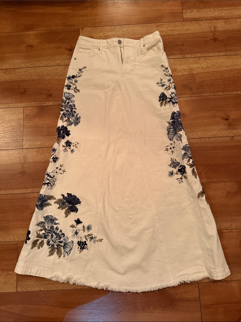 Free People Cream Maxi Skirt with Blue Floral Embroidery